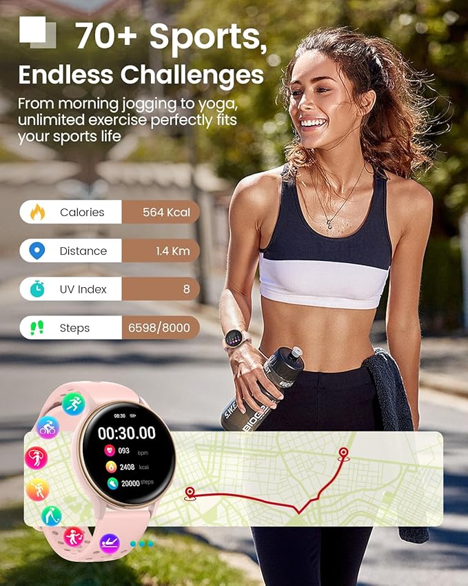 Smart Watches for Women,1.27'' Smartwatch with 70+ Sport Modes, 400+ Watch Face, 24/7 Heart Rate, Sleep Monitor, Answer/Make Calls, Waterproof Activity Fitness Tracker Watch (Pink)