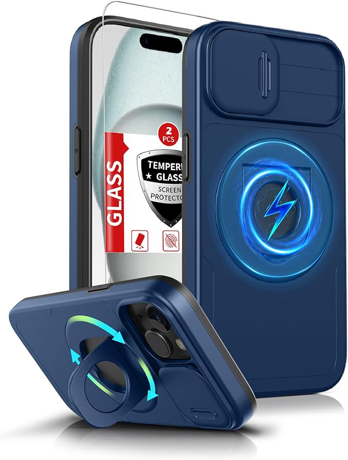 for iPhone 14 Plus Case/for iPhone 15 Plus Case Compatible with MagSafe Magnetic,with 2 Screen Protectors,with Camera Cover+Stand,Military Grade Shockproof Heavy Duty Protection Bumper Black