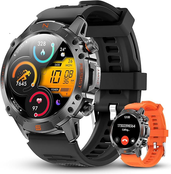 WalkerFit Military Rugged Smart Watch for Men 1.43" AMOLED Smartwatch, Always-on, 3ATM Waterproof for Swim, Accurate HR Sleep Monitor,Bluetooth Call Fitness Watch for iPhone Andriod Compatible, Black