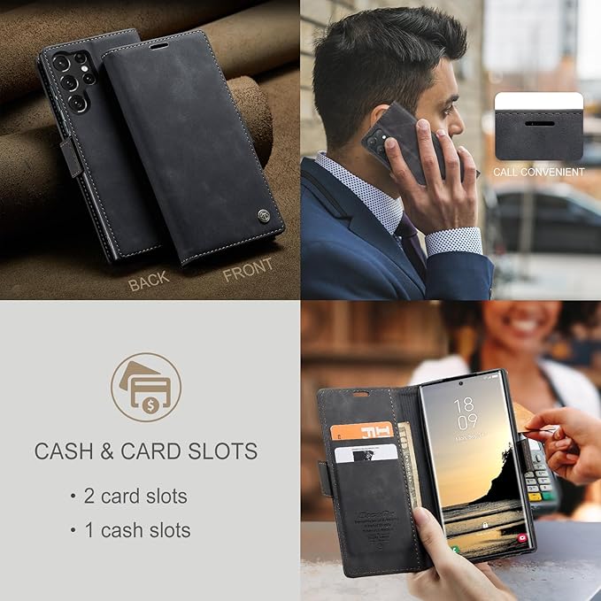 for Samsung Galaxy S25 Ultra Case, Flip Wallet Leather Case with Card Holder Magnetic Closure Shockproof Kickstand Protective Phone Cases Cover for Galaxy S25 Ultra, Black