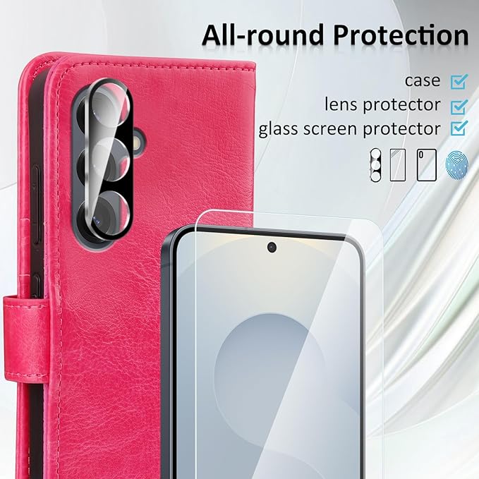 MONASAY Wallet Case Fit for Samsung Galaxy S25 5G, [Lens & Glass Screen Protector Included] [RFID Blocking] Flip Folio Leather Cell Phone Cover with Credit Card Holder, 6.2 inch, Hot-Pink