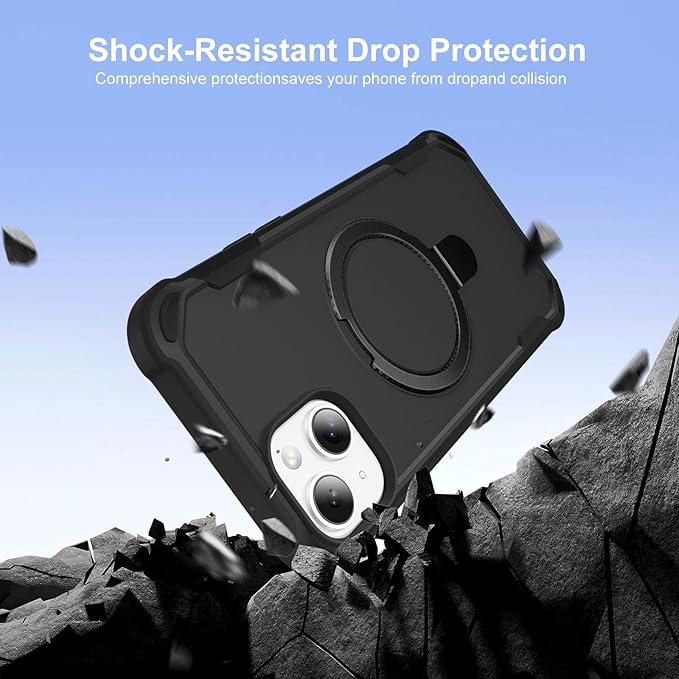 Compatible with iPhone 13 Case & iPhone 14 Case with Invisible Magnetic Ring Stand [Compatible with Magnetic] [Military Drop Protection] Shockproof Slim Hard Back Soft Edge 6.1 Inch, Black