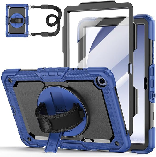 Case for Samsung Galaxy Tab A9+/A9 Plus 11 Inch 2023(SM-X210/X216/X218), Ubearkk Full-Body Drop Protection Case with Screen Protector, 360° Rotating Stand and Hand/Shoulder Strap, Navy Blue