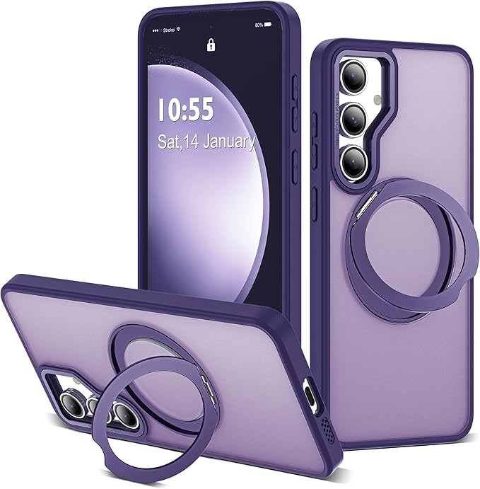 for Samsung Galaxy S23 FE Case with 360° Rotatable Magnetic Ring Stand Compatible with Mag-Safe Military Protection Shockproof Matte Translucent Phone Cases for S23 FE,Dark Purple