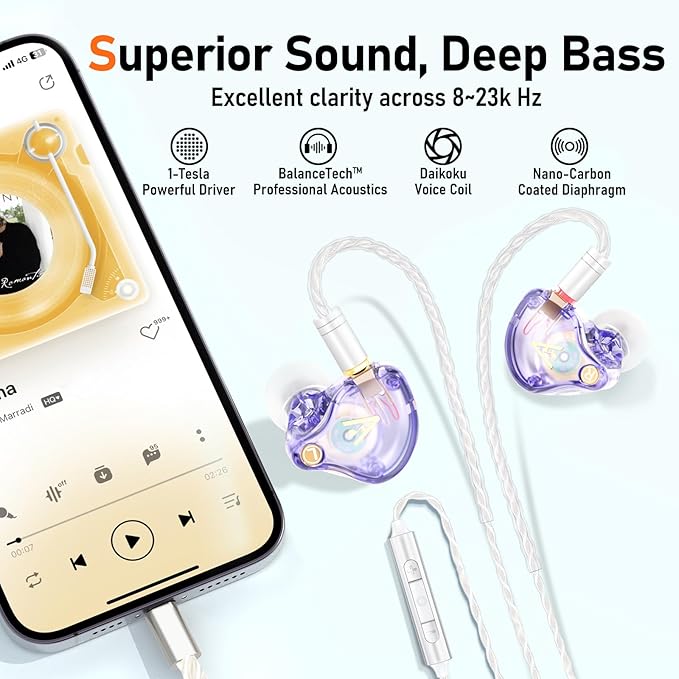 Vibes 202ML Wired Earbuds - HiFi in Ear Headphones - Noise-Isolating Ear Buds w/ Mic - Clear Sound, Deep Bass, Comfort-Fit Earphones - MMCX–Lightning for iPhone 5–14, Silver Plated Cord, Carrying Case