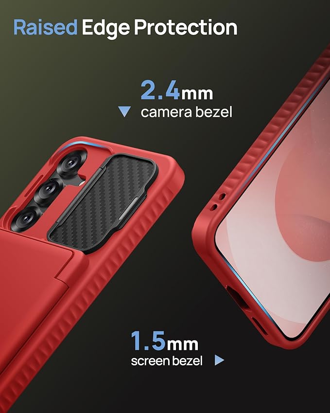 for Samsung Galaxy S25 Case with Card Holder, Built-in Stand & Camera Lens Cover, Shockproof Rugged Silicone Raised Edge Protective Wallet Protective Phone Case for Samsung S25 5G 2025, Red