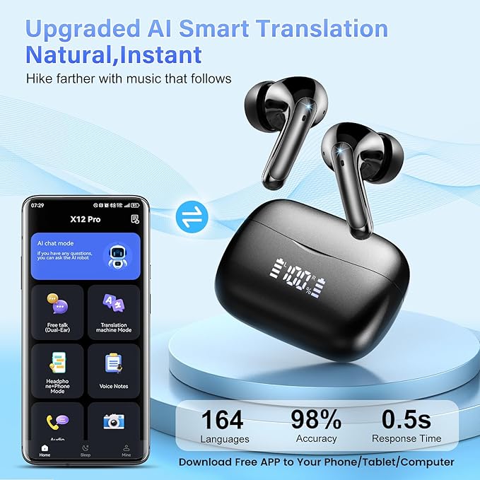 AI Translation Earbuds Real Time with Audio and Video Calls, 164 Language/7 Translation Modes Translator Earbuds Bluetooth 5.4 with APP, 48H AI Ear Buds Translator Device for Business/Learning/Travel