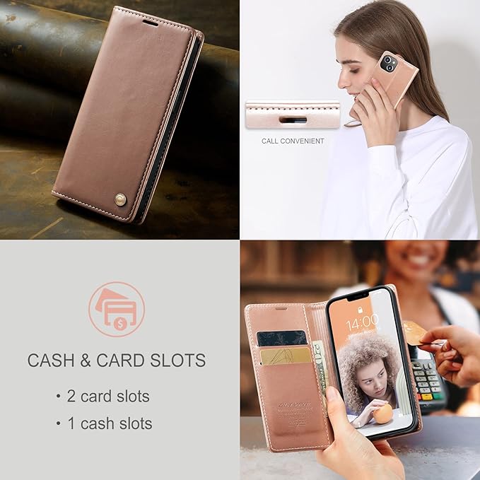 QLTYPRI Case for iPhone 14, Vintage PU Leather Wallet Case Card Slot Kickstand Magnetic Closure Shockproof Flip Folio Book Case Cover for iPhone 14(6.1 inch) - Rose Gold