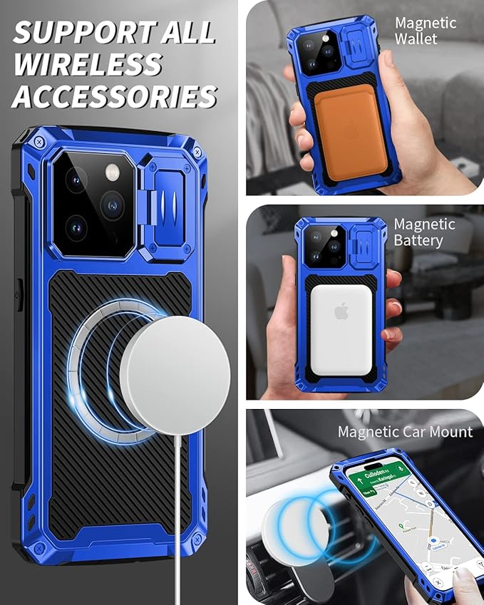 Lanhiem for iPhone 14 Pro Max Metal Case, [Built-in Camera Kickstand & Tempered Glass Screen Protector] Protective Rugged Heavy Duty Full Body Magsafe Military Cover for iPhone 14 Pro Max 6.7"(Blue)