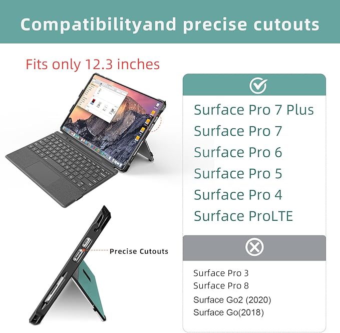 Case for 12.3" Microsoft Surface Pro 7+/7/6/5/4/Pro LTE Protective Rugged Cover Case, with Stylus Pen Holder and Hand Strap, Compatible with Type Cover Keyboard, Cyan