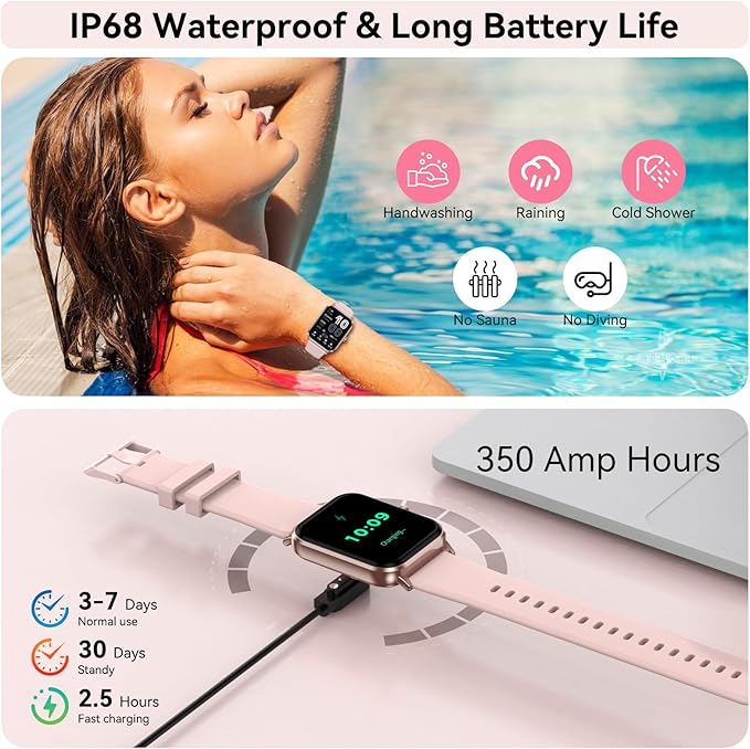 Smart Watch for Men Women, 1.83" HD Touchsreen, Bluetooth Calling, 5 ATM Water-Resistance, 130+ Sports Modes, Health, Fitness & Sleep Tracker, Timer, Fitness Watch for Android/iOS, Pink