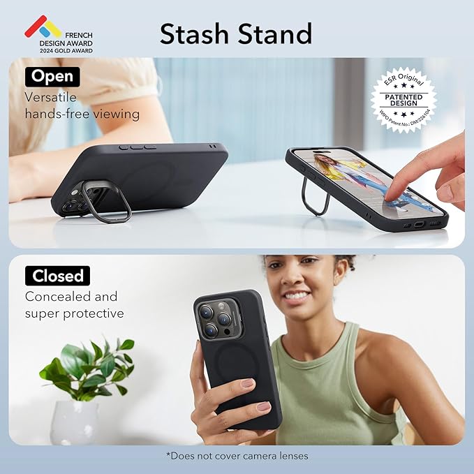 ESR for iPhone 15 Pro Case, MagSafe Silicone Case with Stand, Military-Grade Protection, Built-in Camera Stash Stand, Magnetic Phone Case for iPhone 15 Pro, Cloud Series,Black