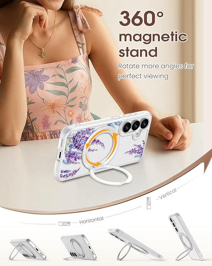 for Samsung Galaxy S25 Case with 360° Rotatable Magnetic Ring - Compatible with MagSafe, Semi-Transparent Soft-Touch Material Shockproof, Cute Purple Floral Design for Women Girl