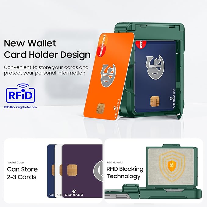 CENMASO for Samsung Galaxy Z Flip 6 Case/Z Flip 7 FE Case with Card Holder [RFID Blocking] & Hinge Protection & Screen Protector, Full-Body Shockproof Phone Case for Z Flip 6/Z Flip 7 FE-Green