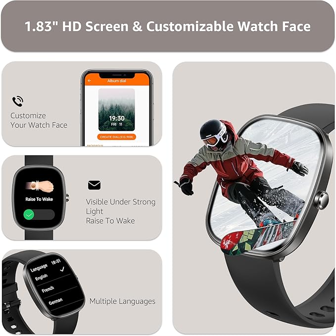 Smart Watch for Men Women Make/Answer Calls,1.83"Fitness Tracker with Sleep Tracker/Blood Pressure/Heart Rate Monitor,Pedometer,100+ Sport Modes,IP68 Waterproof,350 Mah, Compatible with Android&iPhone