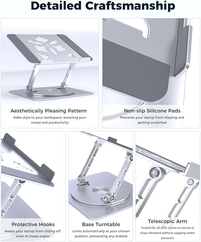 Adjustable Laptop Stand for Desk - Portable Laptop Riser with Rotating Base, Foldable Aluminum Computer Stand, Ergonomic Laptop Holder for MacBook Pro/Air Dell HP Lenovo Notebook up to 16" (Silver)