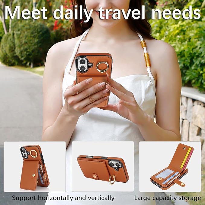 Compatible iPhone 16 Wallet Case with Card Holder RFID Blocking PU Leather Doubles as a Wallet Unisex Flip Shockproof Protection with Card Slots Ring Wrist Kickstand Function,Brown