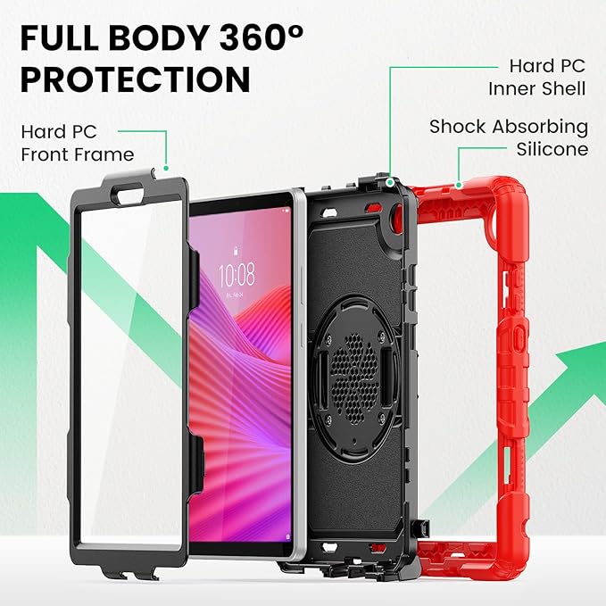 SEYMAC Case for Lenovo Tab One 8.7 inch/ K9 TB305FU (2025), Heavy Duty Full-Body Shockproof Protective Case with Screen Protector, Stand, Hand/Shoulder Strap and Pen Holder, Red