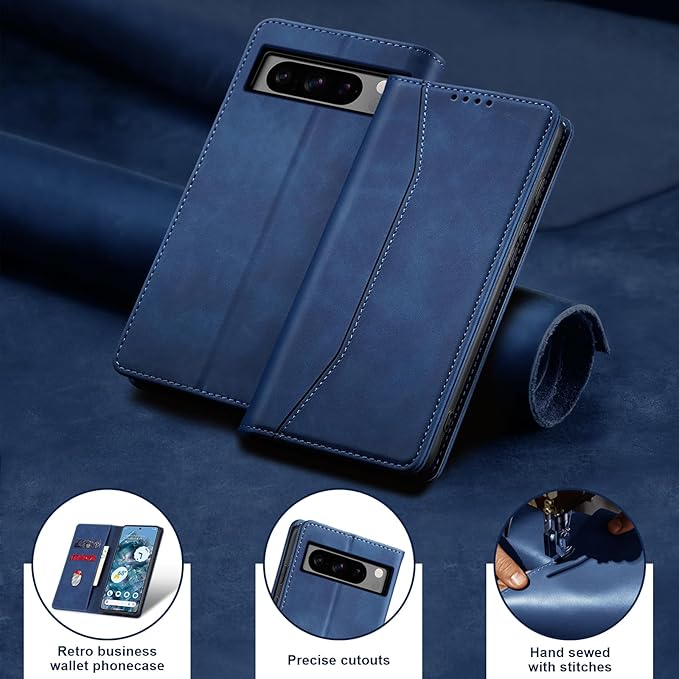 Jasonyu Flip Wallet Case for Google Pixel 8 Pro,Leather Magnetic Folio Cover with Card Holder,Kickstand - TPU Shockproof Durable Protective Phone Case,Blue