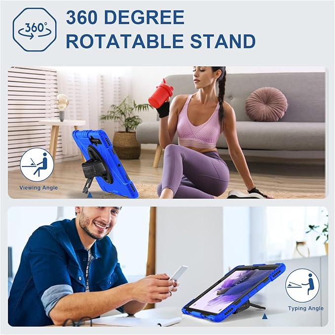 SUPFIVES Case for Samsung Galaxy Tab S7 FE 12.4 Inch 2021 : [Upgraded Military Grade] Full-Body Rugged Protective Soft Silicone Cover - Kick Stand- Handle/Shoulder Strap- S Pen Holder- Blue