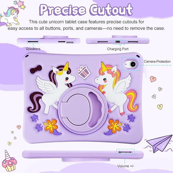 HianDier for iPad A16 Case 11th 2025 iPad 10th Generation Case for Kids Cute Unicorn Silicone Tablet Cover with Detachable Strap and Rotatable Stand Shockproof Cover for iPad 11inch 10.9inch-Purple