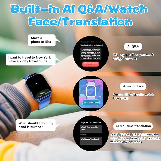 1.85" Kids Watch, AI(Translation/Q&A/Watch Face/Image Recognition)Smartwatches with Heart Rate,Sleep Monitor,Video Music Pedometer,NO APP/Phone, Gifts for 3-12 Years old Boys Girls(Built-in AI, Blue)
