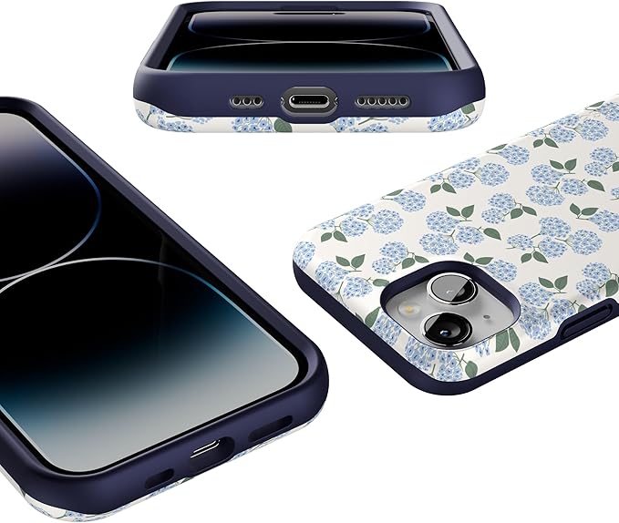 Casely iPhone 14 Case | Nantucket Cottage | Blue Hydrangea | Compatible with MagSafe | Bold Protective Design