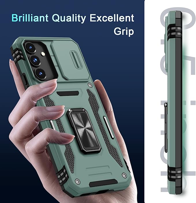 DEERLAMN Case for Samsung Galaxy S25 FE 6.7-Inch with Slide Camera Cover+Screen Protector(1 Pack), Rotated Ring Kickstand Military Grade Shockproof Protective Cover-Green