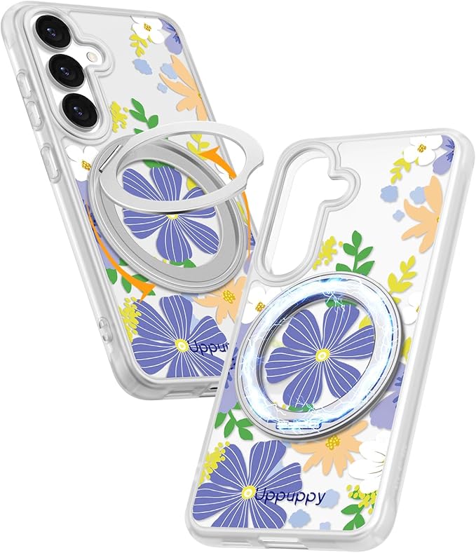 for Samsung Galaxy S25 Case with 360° Rotatable Magnetic Ring - Compatible with MagSafe, Semi-Transparent Soft-Touch Material Shockproof, Cute Purple Flower Design for Women Girl