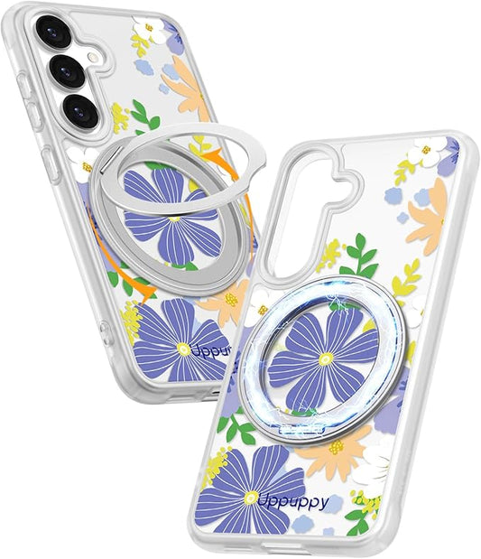 for Samsung Galaxy S25 Case with 360° Rotatable Magnetic Ring - Compatible with MagSafe, Semi-Transparent Soft-Touch Material Shockproof, Cute Purple Flower Design for Women Girl