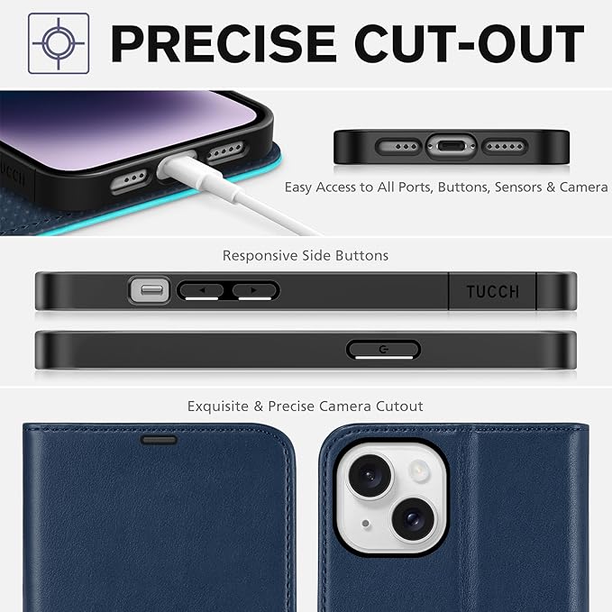 TUCCH Wallet Case for iPhone 14, [RFID Blocking] [4 Card Slots] TPU Interior Protective Case, Magnetic Folio Shockproof PU Leather Stand Flip Cover Compatible with iPhone 14 6.1, Dark Blue&Lake Blue