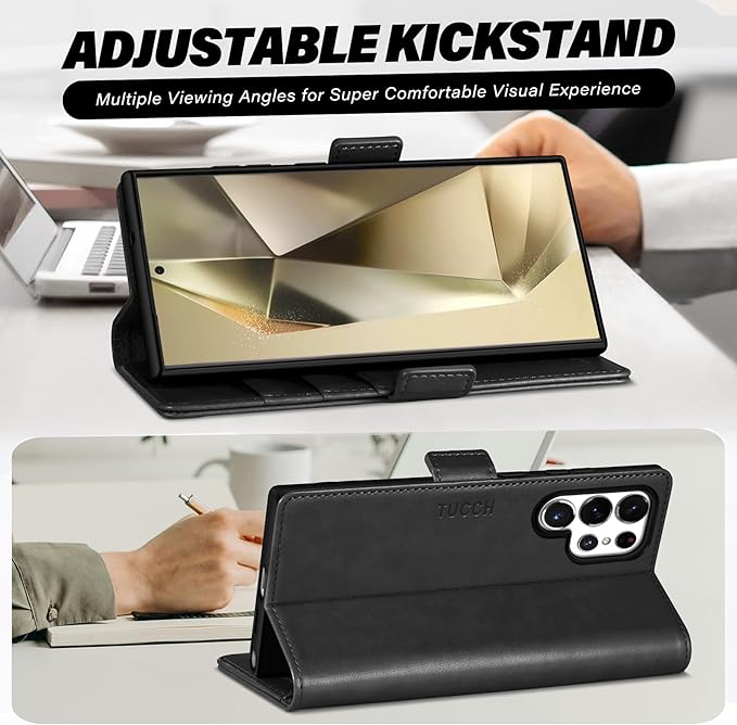 TUCCH Case Wallet for Galaxy S25 Ultra, Kickstand [RFID Blocking] Card Holder, Folio Magnetic PU Leather [TPU Shockproof Interior Case] Protective Folio Cover Compatible with Galaxy S25 Ultra, Black