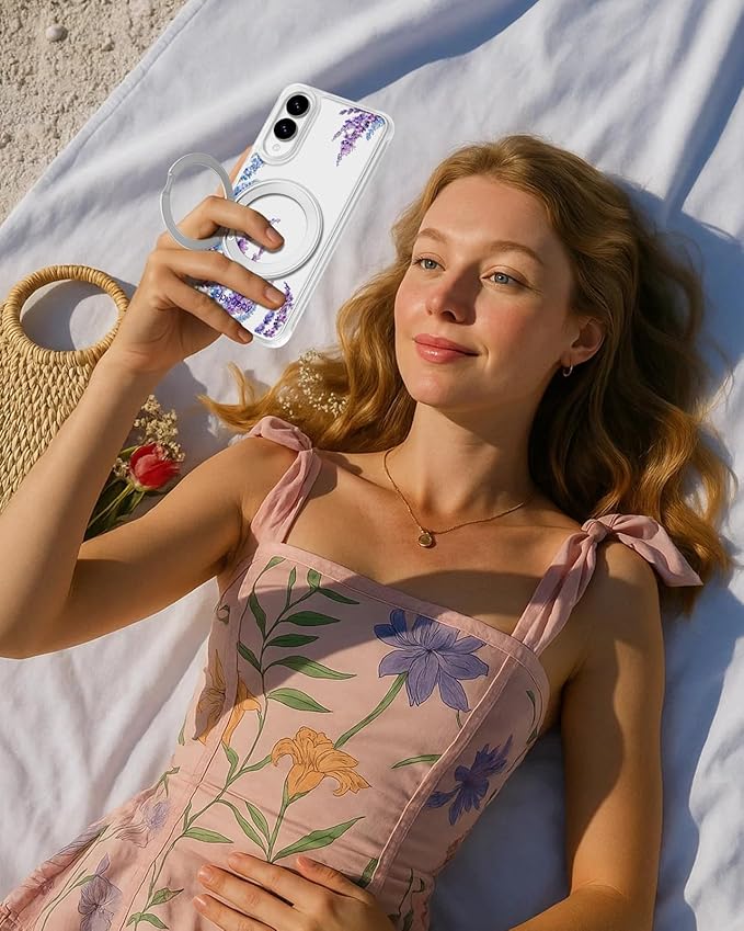 for Samsung Galaxy S25 Edge Case with 360° Rotatable Magnetic Ring - Compatible with MagSafe, Semi-Transparent Soft-Touch Material Shockproof, Cute Purple Floral Design for Women Girl