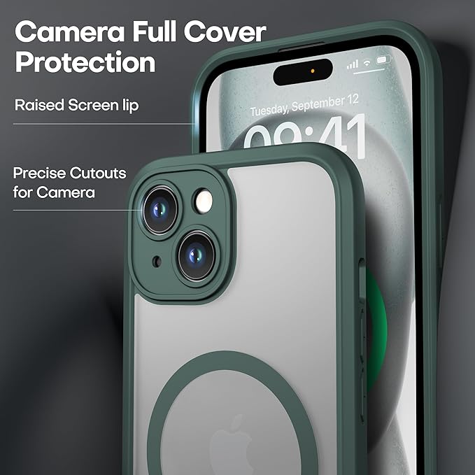 ImpactStrong Magnetic Guard Designed for iPhone 15 Case [Camera Protection] [Military Grade Drop Tested] [Compatible with MagSafe] Slim Translucent Matte Phone Case (6.1") - Dark Green