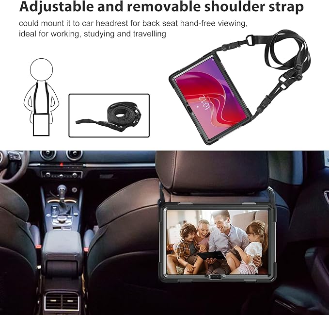 ProCase Protective Case for Lenovo Tab M11 / Lenovo Tab K11 LTE 2024, Rugged Heavy Duty Shockproof Rotating Kids Cover with 360° Rotate Kickstand & Shoulder Strap for Tab TB330FU TB330XU -Black