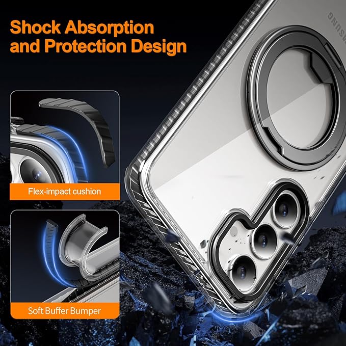 for Samsung Galaxy S24+ (Plus) Case,Compatible with Magsafe with 360°Rotatable Magnetic Ring Stand [Wireless Charging], Clear Slim Soft Edge Phone Kickstand,Clear & Black