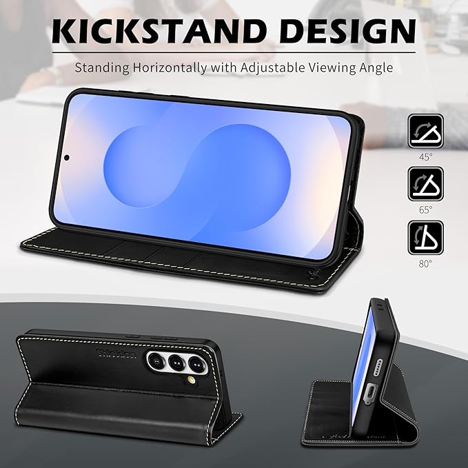 SHIELDON Case for Galaxy S25 FE 6.7" 2025, Genuine Leather Flip Wallet Case RFID Blocking Card Holder Magnetic Stand Shockproof Protective Cover Compatible with Galaxy S25 FE 5G - Retro Black