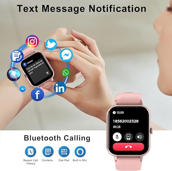 Smart Watch for Men Women Compatible with IOS Android Phone, 1.83" Full Touchscreen IP68 Waterproof Smart Watches,Fitness Tracker with Make/Recive Call 123+ Sport Modes Heart Rate/Sleep Monitor,Pink
