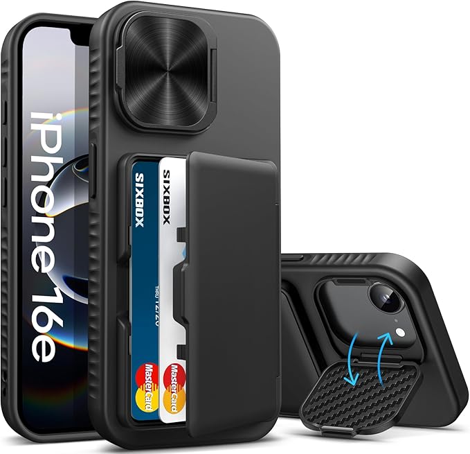 for iPhone 16e Case Wallet, Built-in Stand & Card Holder & Camera Lens Cover, Full Body Protective Rugged Multifunctional Kickstand Heavy Duty Phone Cover Case for iPhone 16e 6.1" 2025, Black