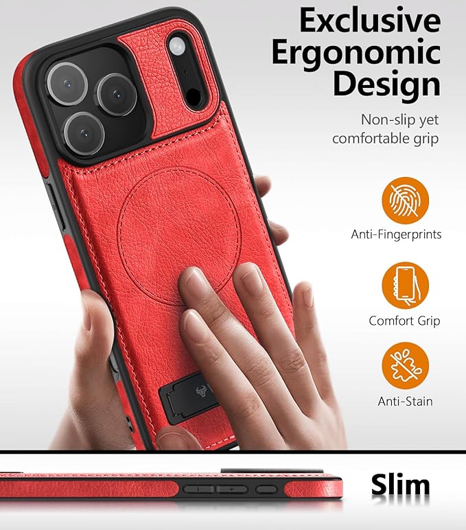 Magnetic for iPhone 17 Pro Leather Case,Built-in Invisible Stand [Compatible with Magsafe] Protective Slim Kickstand Phone Cover for iPhone 17 Pro Case, Red