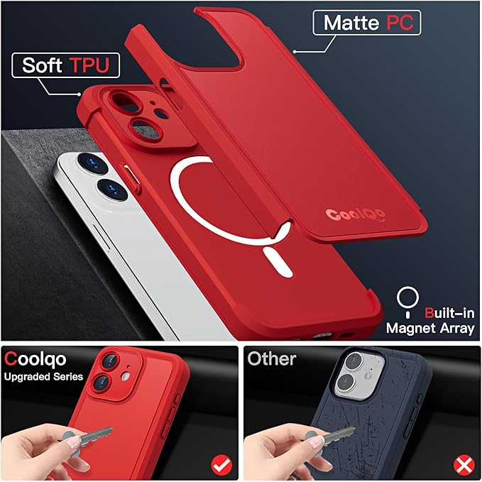 COOLQO Magnetic for iPhone 12 Case, Compatible with MagSafe, Dual Layer Design Military Grade Protection, Translucent Matte Scratch-Resistant Back Protective Shockproof Phone Case, Red
