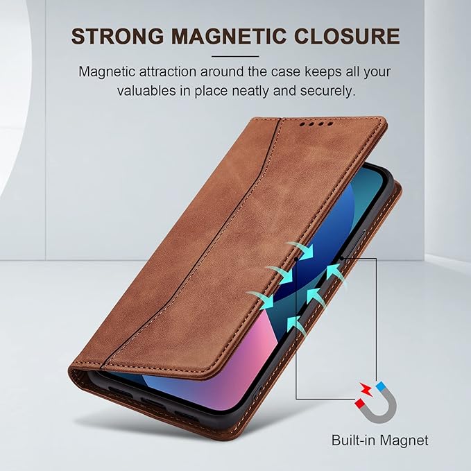 Jasonyu Flip Wallet Case for iPhone 13,Leather Magnetic Folio Cover with Card Holder,Kickstand - TPU Shockproof Durable Protective Phone Case,Brown