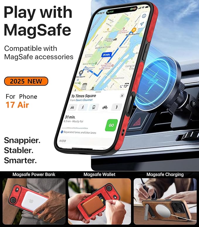 Magnetic for iPhone Air Leather Case,Built-in Invisible Stand [Compatible with Magsafe] Protective Slim Kickstand Phone Cover for iPhone Air Case, Red
