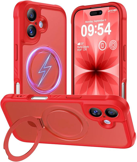 MOCCA Compatible with iPhone 17 Case with Magnetic Invisible Stand [Full Camera Protection] [Compatible with Magsafe] Military Drop Shockproof Translucent Matte Phone Case Cover 6.3",Red