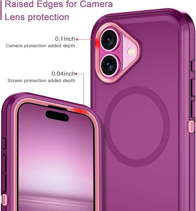 for iPhone 16 Case [Compatible with MagSafe] Shockproof 3-Layer Full Body Protection [Without Screen Protector] Rugged Heavy Duty Cover Case for Apple iPhone 16 6.1",Purple/Pink