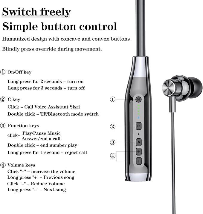 Wireless Bluetooth 5.0 Neck Earbuds with 100 Hours of Playback, IPX5 Waterproof Sports Earphones with Microphone, Magnetic, TF Card Slot, for Gym Running Exercises (A12)