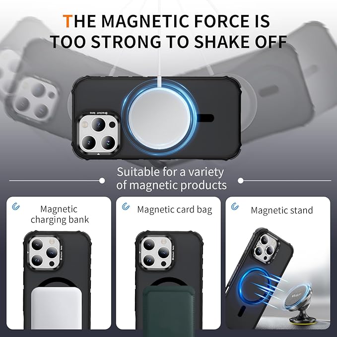 Magnetic for iPhone 16 Pro Case Black with MagSafe Wireless Charging Heavy Duty Military-Grade Shockproof Protection Adjustable Kickstand Slim Matte Anti-Fingerprint Cover Men Women