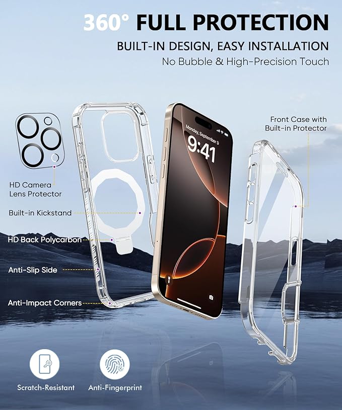 Compatible with iPhone 16 Pro Max Case, Built-in Screen Protector & Seamless Stand, with Camera Lens Protector, Strong Magnetic Clear Phone Case, Full Body Protective Cover for 6.9" (Clear)
