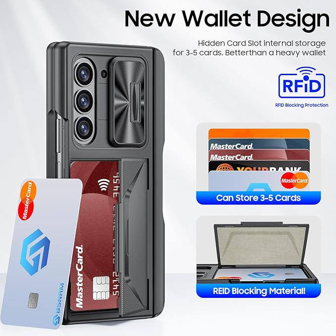 for Samsung Galaxy Z Fold 6 Case with Card Holder RFID Blocking & S Pen Holder & Slide Camera Cover& Hinge Protection & Privacy Screen Protector, Shockproof Wallet Case for Galaxy Z fold 6,Black