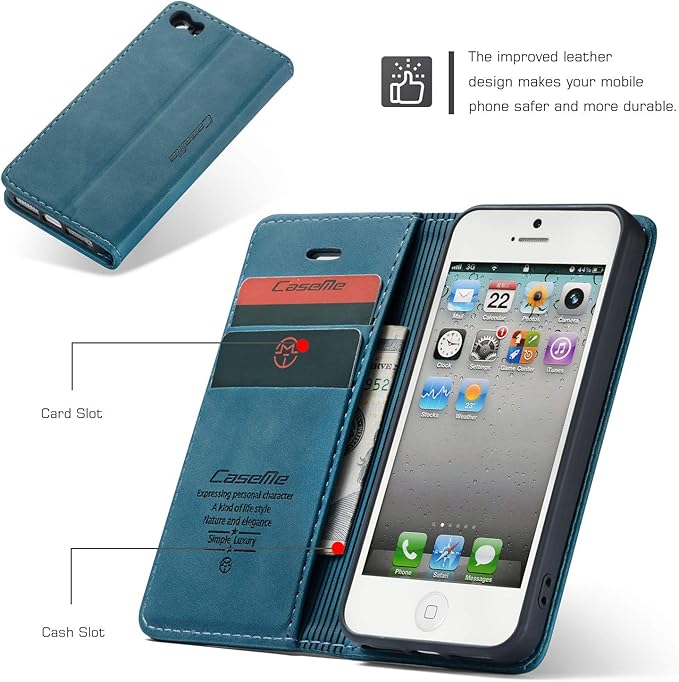 for iPhone 5 / iPhone 5S / iPhone SE (2016) Case, Flip Wallet Leather Case with Card Holder Magnetic Closure Shockproof Kickstand Protective Phone Cases Cover for iPhone 5S,Blue-Green